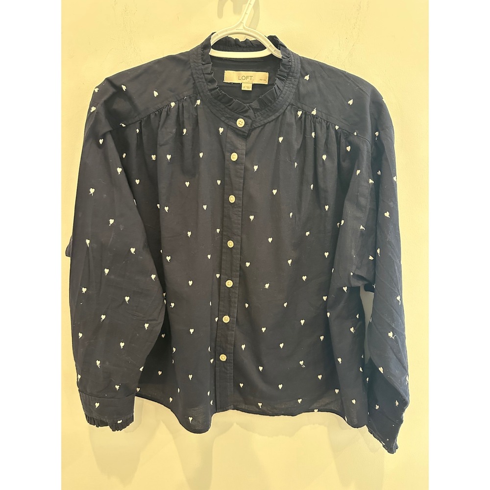 LOFT Petites Navy Blue Heart Embroidered Ruffle Collar Blouse Top LP